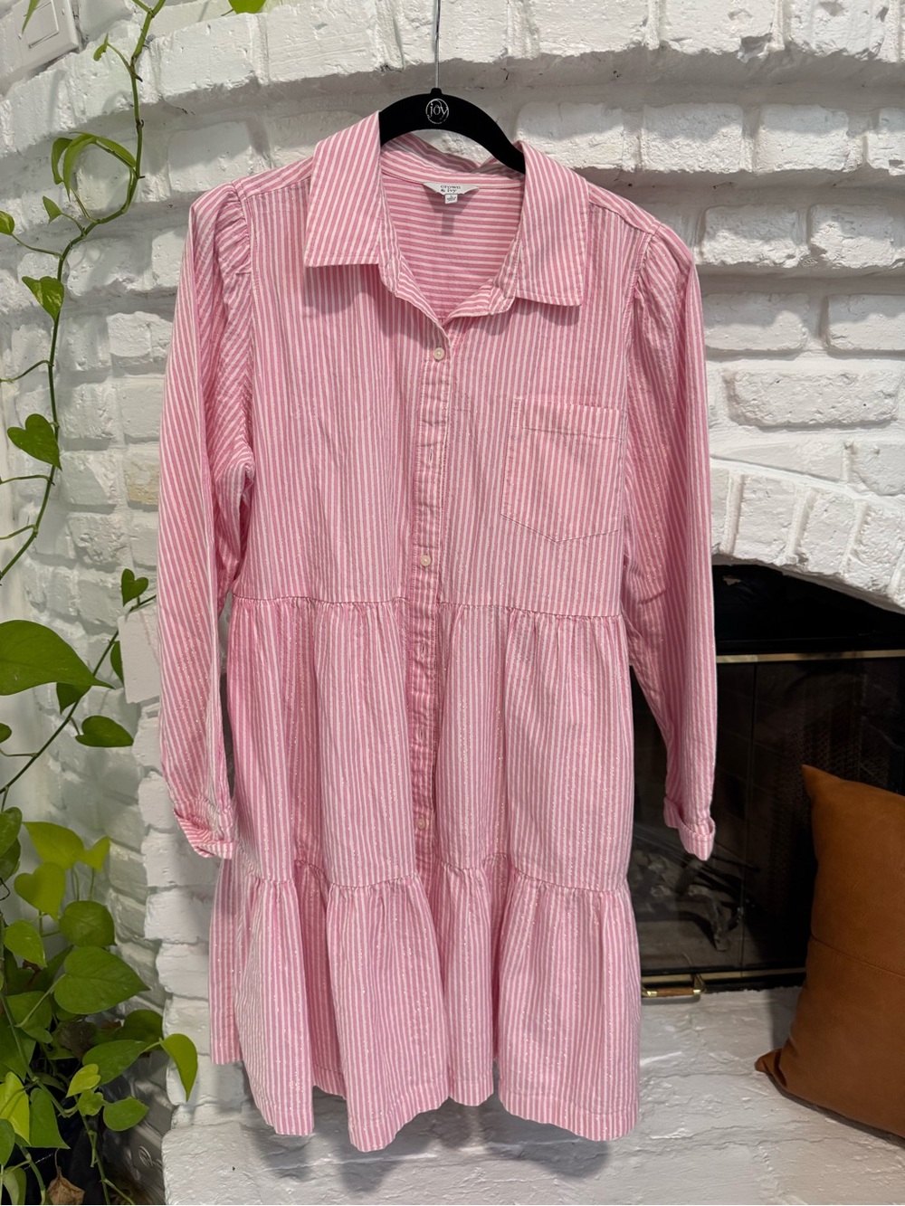 crown & ivy Pink and White Striped Long-Sleeve Tiered Shirt Dress